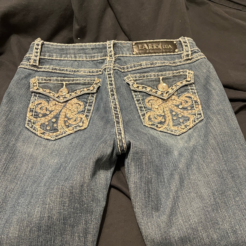 L.A. idol Women's Blue Jeans with Gold Embroidery